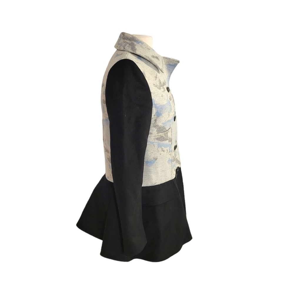 Kenzo Blue Watercolor & Black Wool Peplum Pea Coat - Picture 3 of 8